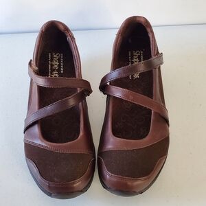 Skechers Shape Ups Leather Mary Janes Size 9 Brown Chunky Shoes Academia